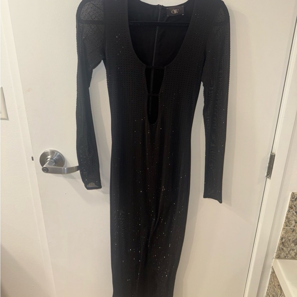 OW Collection Rhinestone Maxi Dress Black Small. Mesh on arms and legs.